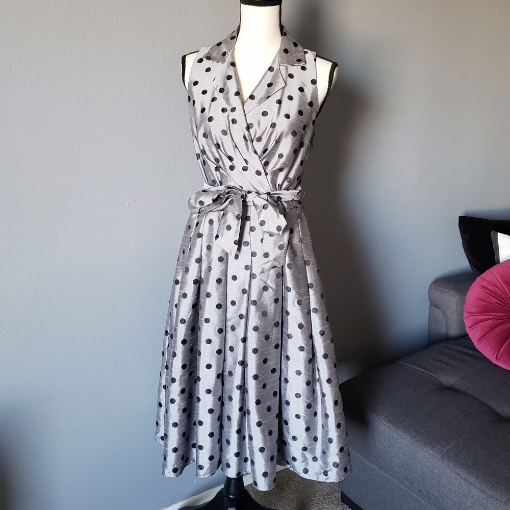 Sleeveless Grey Polka Dot Wrap Dress